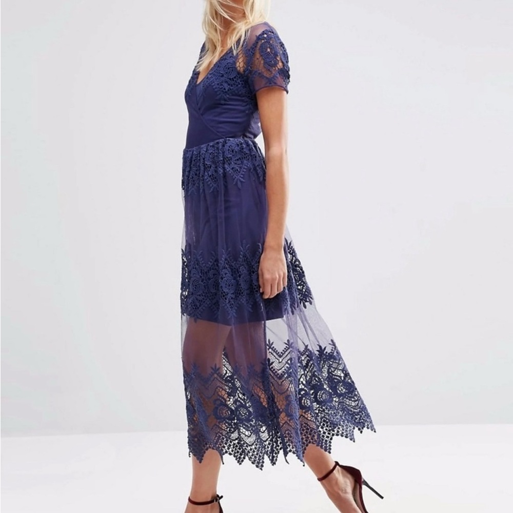 Colleen Lopez Blue Mesh and Lace scalloped Maxi Dress Women’s Size Medium - Picture 1 of 5
